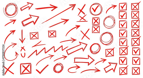Collection of hand drawn red arrows checkmarks x marks and circles on white background