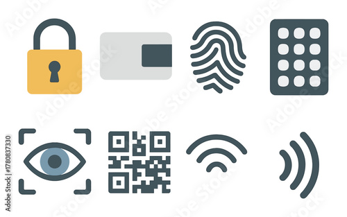 Security icons: lock, card, fingerprint, eye, qr code, wifi, keypad overlay