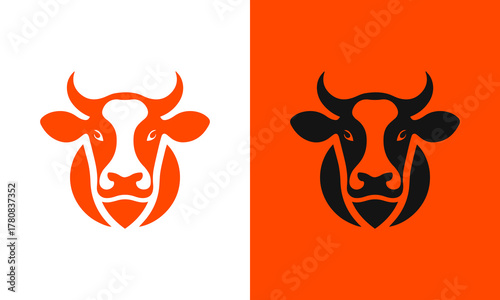 Minimalist graphic illustration of a cow head in orange and black on white and orange backgrounds
