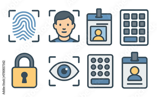Security icons: biometrics, identification, lock, keypad, surveillance