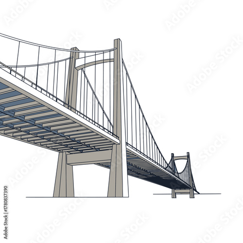Detailed Line Art Illustration of a Modern Suspension Bridge Spanning a Wide Expanse.