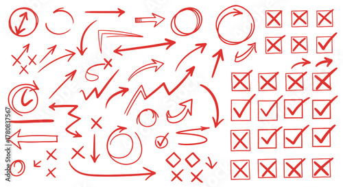 Collection of hand drawn red arrows checkmarks crosses and circles on white background for design and annotation