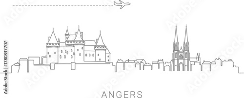 Angers Skyline with Castle and Cathedral, Airplane and Flight Path