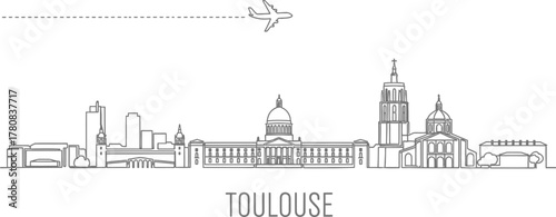 Toulouse Skyline with Airplane in Line Art Style