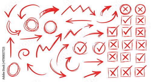 Collection of hand drawn red arrows checkmarks circles and crosses symbols for design and illustration