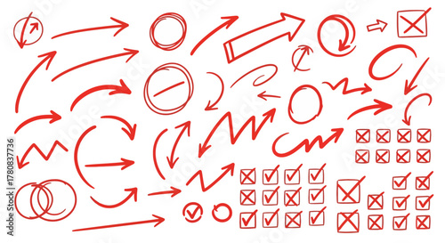 Collection of hand drawn red arrows circles checkmarks and x marks symbols on white background