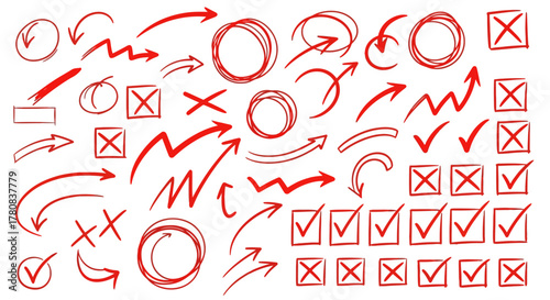 Collection of hand drawn red arrows circles checkmarks and xs isolated on white background