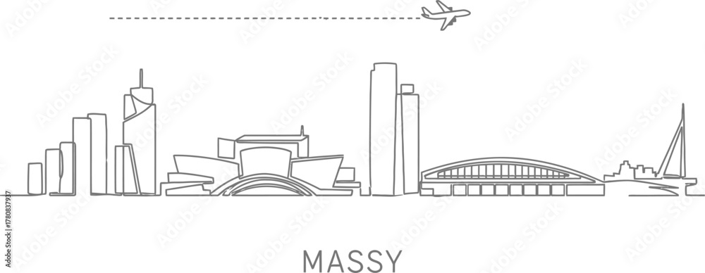 Obraz premium Minimalist Massy Skyline with Airplane and Dotted Line