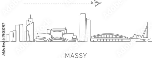 Minimalist Massy Skyline with Airplane and Dotted Line