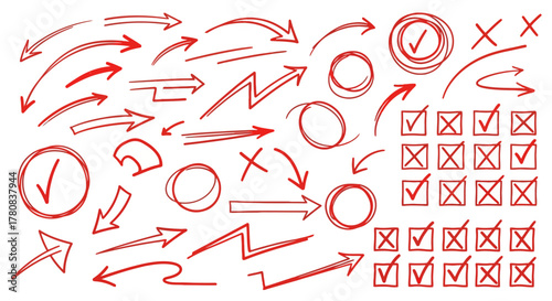 Collection of hand drawn red arrows checkmarks circles and xs isolated on white background