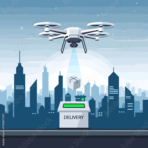 Drone Delivery Service in a Modern Cityscape with Package Dropoff.