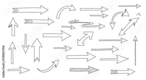 Collection of hand drawn arrows in various styles and directions on white background