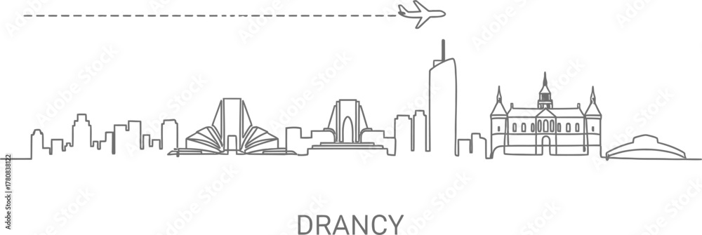 Obraz premium Drancy Skyline with Airplane Line Art