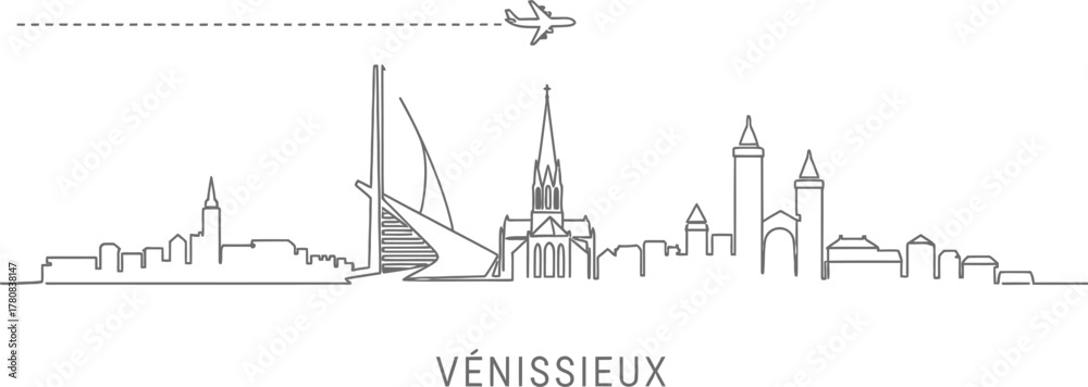 Obraz premium Vénissieux Skyline with Airplane Travel Line