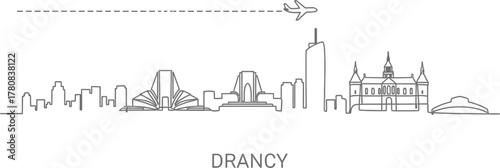 Drancy Skyline with Airplane Line Art