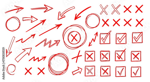 Collection of hand drawn red arrows circles checkmarks and crosses on white background
