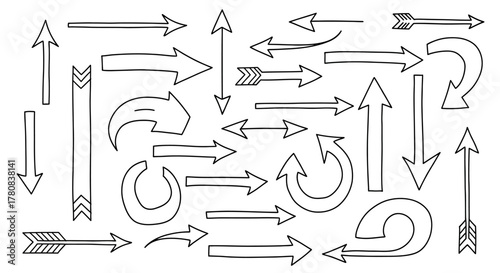 Collection of hand drawn arrows in various styles and directions on white background