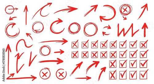 Collection of hand drawn red checkmarks crosses and arrows on white background