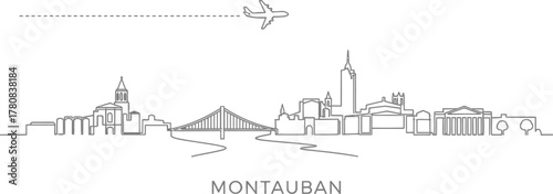 Montauban cityscape line art with airplane and bridge