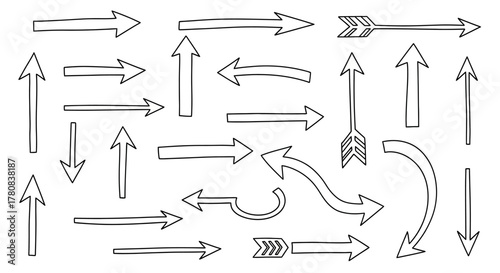 Collection of hand drawn arrows and directional symbols in sketchy line art style