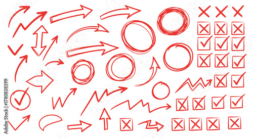 Collection of hand drawn red arrows circles checkmarks and crosses on white background