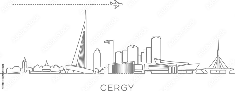 Naklejka premium Cergy skyline with airplane and city silhouette