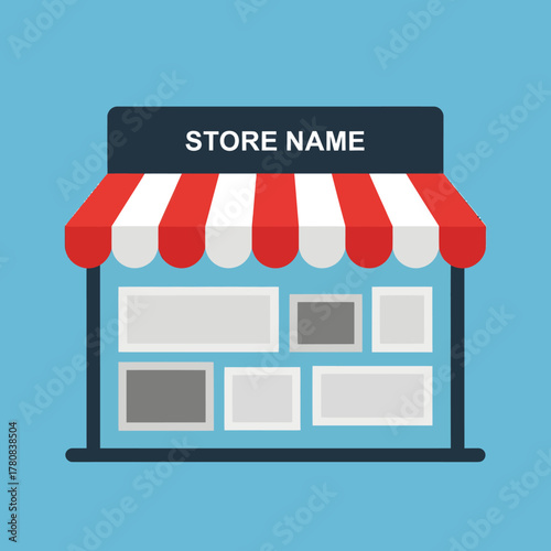 Flat design illustration of a storefront with a striped awning and display windows.