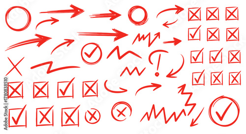 Collection of red hand drawn arrows checkmarks circles xs and question marks on white background