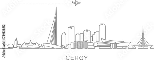 Cergy skyline with airplane and city silhouette