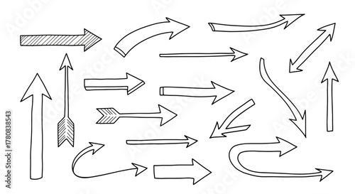 Collection of hand drawn arrows in various styles and directions on white background