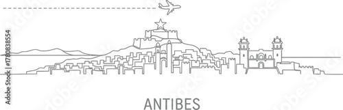 Antibes Skyline with Airplane and Coastline Vector Icon