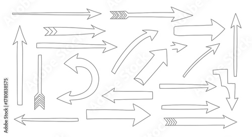Collection of hand drawn arrow illustrations in various styles and directions on a white background