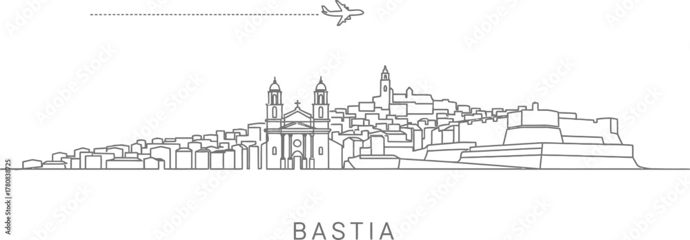 Obraz premium Bastia Skyline with Airplane and Ferry Boat Illustration
