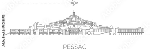 Pessac Skyline with Airplane Line Drawing