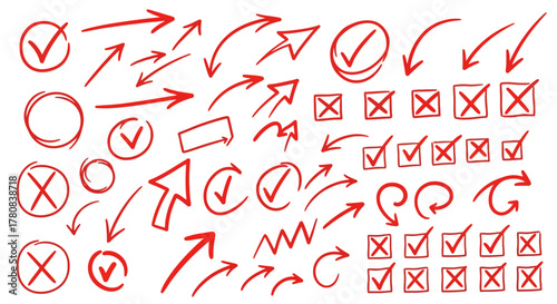 Collection of hand drawn red checkmarks crosses circles and arrows on a white background