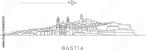 Bastia Skyline with Airplane and Ferry Boat Illustration