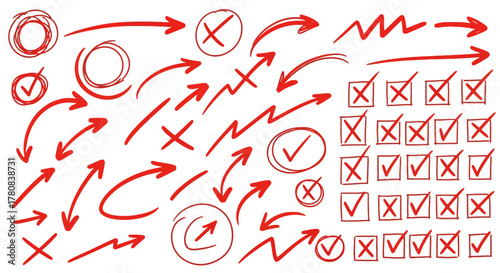 Hand drawn red arrows checkmarks and crosses symbols collection isolated on white background
