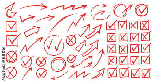 Collection of hand drawn red arrows checkmarks and crosses symbols isolated on white background