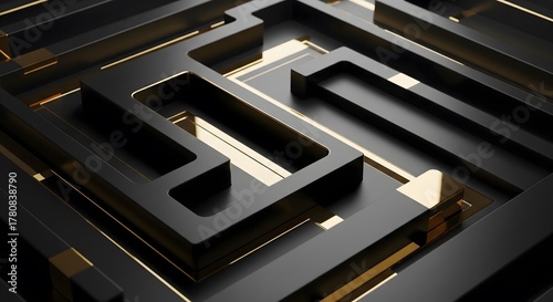 Fototapeta Naklejka Na Ścianę i Meble -  A 3D render of a complex black and gold maze. Abstract concept representing challenges, problem solving, strategy, finding a solution, and business complexity.
