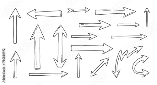 Collection of hand drawn arrow icons and symbols in black and white sketch style