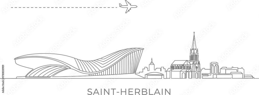 Fototapeta premium Saint-Herblain City Skyline with Airplane Flying Overhead