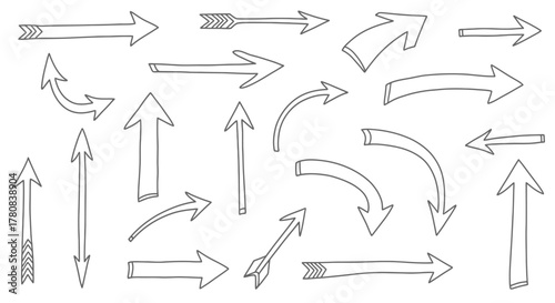 Collection of hand drawn arrows in various styles and directions on white background