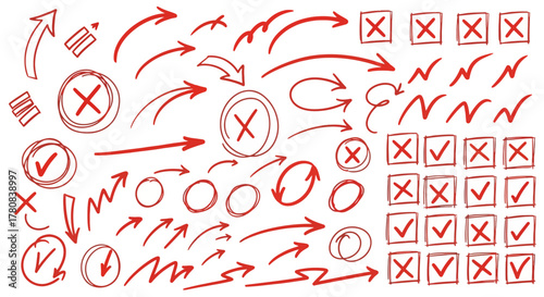 Collection of hand drawn red arrows checkmarks and crosses in circles and boxes on white background