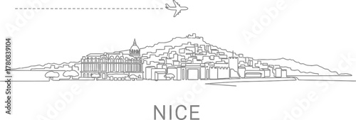 Nice France Skyline and Airplane Line Drawing