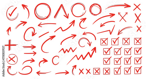 Collection of hand drawn red arrows checkmarks circles crosses and symbols on white background