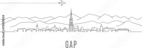 Gap City Skyline with Airplane and Mountains Line Art