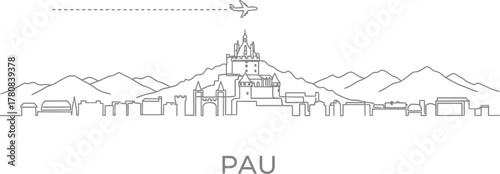 Pau Skyline with Castle and Airplane Vector Art