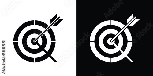 Black and White Target with Arrow Hitting Bullseye Aim, Success and Accuracy Symbol
