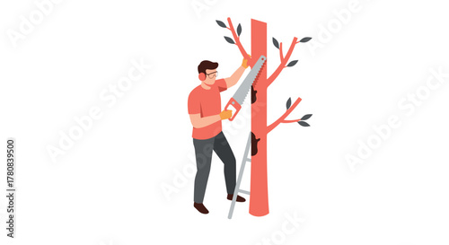 Man pruning tree with saw on ladder in isometric style
