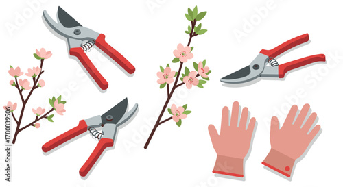 Garden pruning tools and blossoms in flat style with red accents
